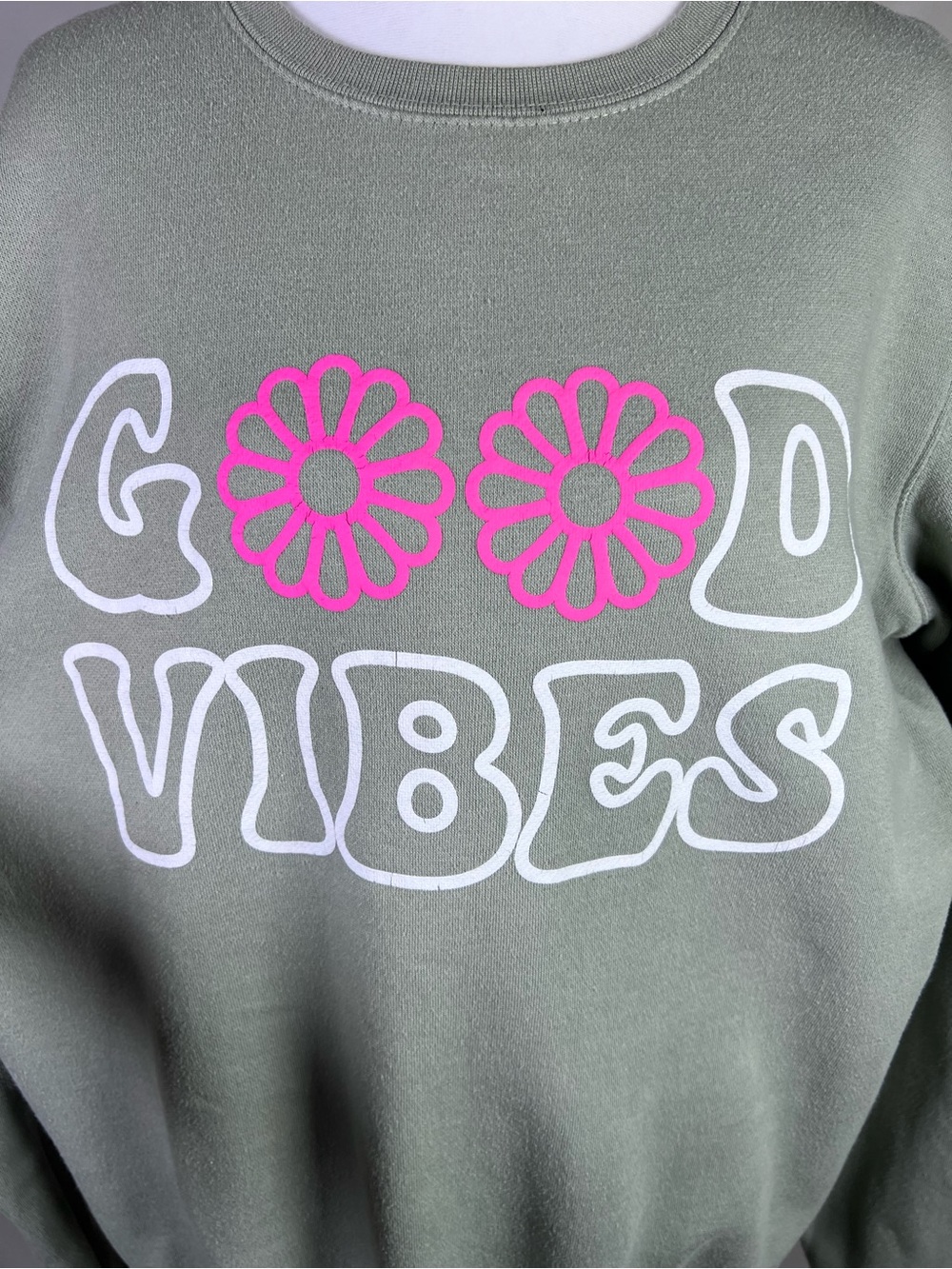 Pacific & Co. Good Vibes Graphic Crewneck Sweatshirt - Sage, Pink, & White
